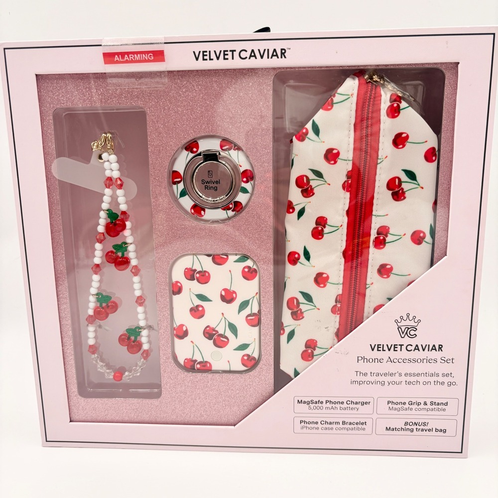 Velvet Caviar Cherry Phone Accessories Set MagSafe Charger Grip Charm Bag‎ NEW